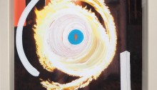 JOYE Nicole, Élément n°4, Le Feu, 40x30cm, photo peinte et collages marouflés sur Alu-Dibond, caisse américaine blanche, 2025